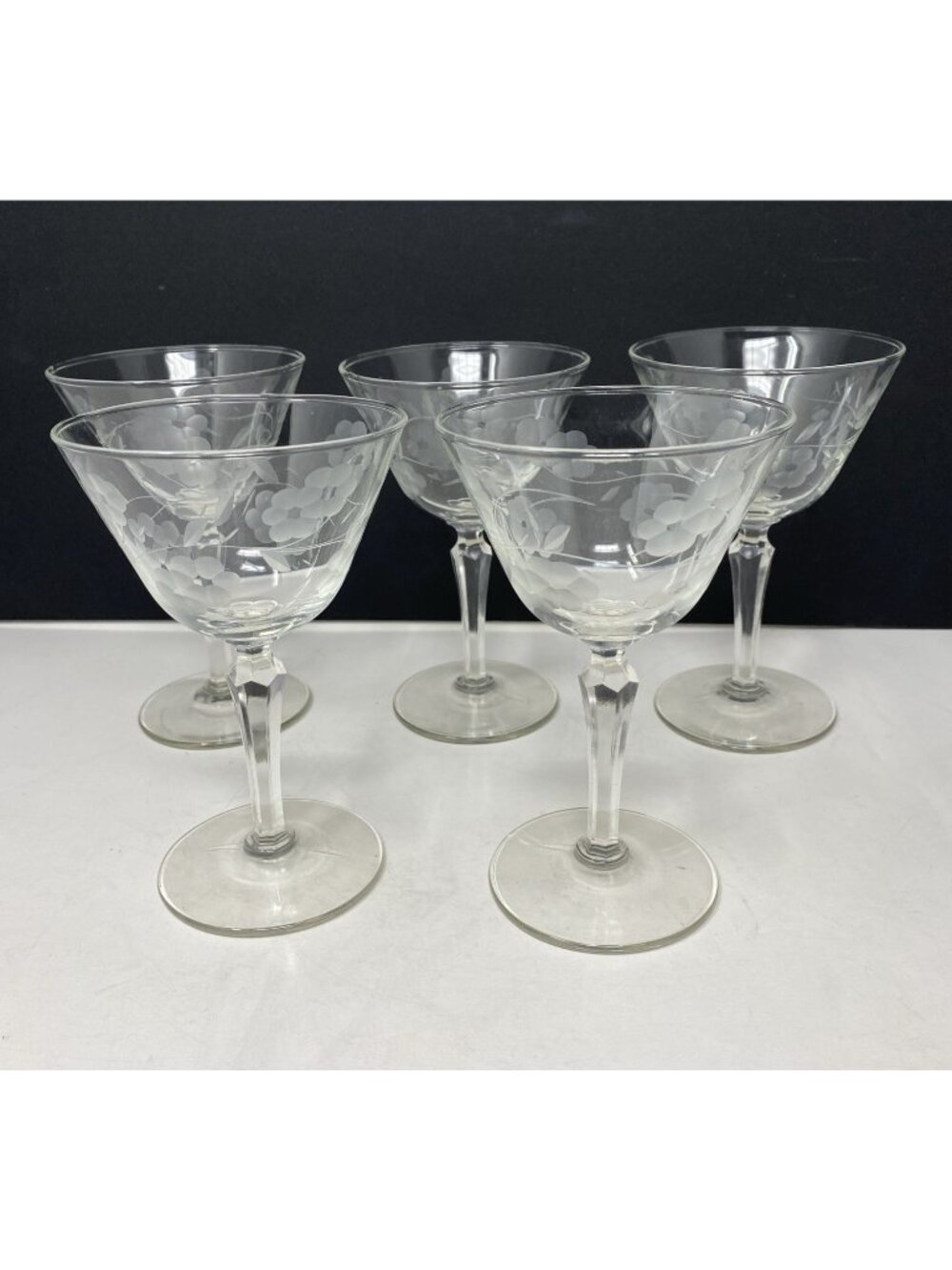 Set Of 5 Vintage Libbey Glenmore Champagne Sherbet Glass 6" Etched Flowers C1081